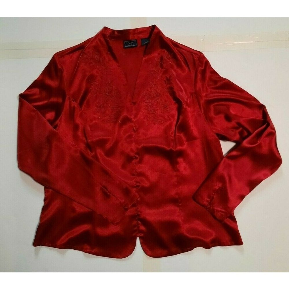 Laura Scott womens red satin button front dress blouse vneck long sleeve size 16